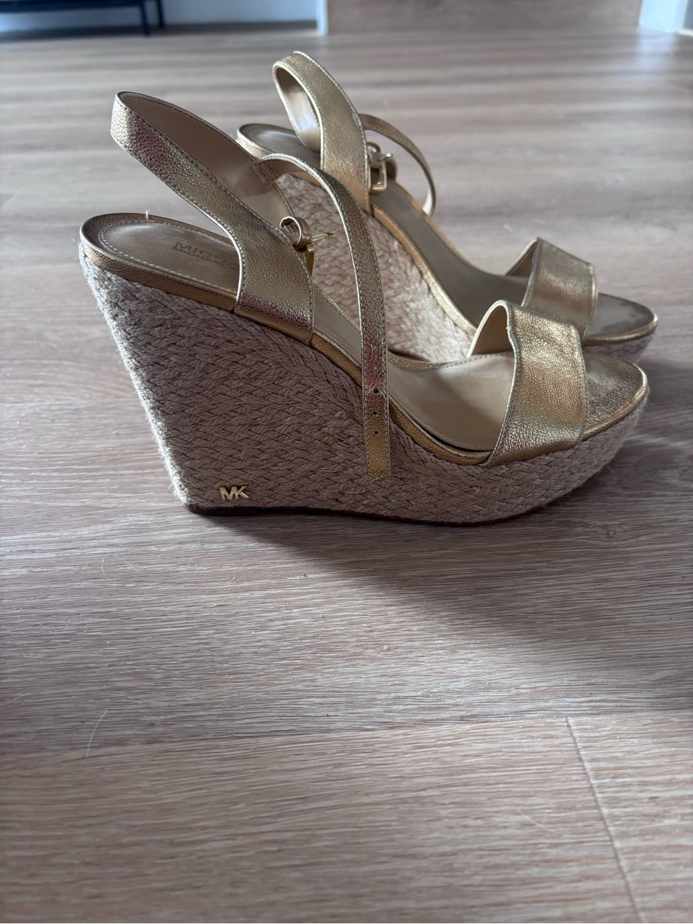 Michael Kors Gold Leather Wedge Sandals with Ankle Buckle NEW